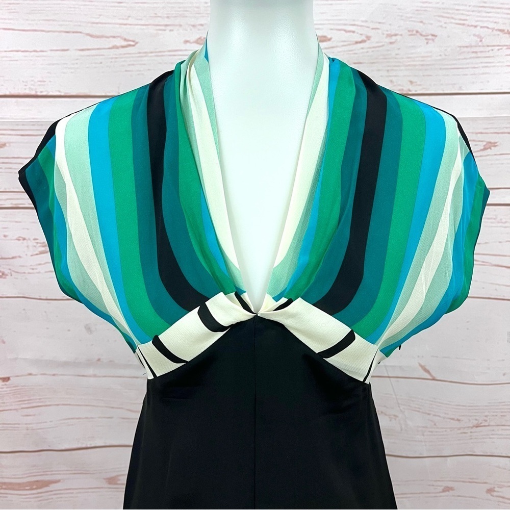 Anna Sui Silk Teal Serape Striped Dolman Sleeve Geometric Peplum Dress - Picture 4 of 11